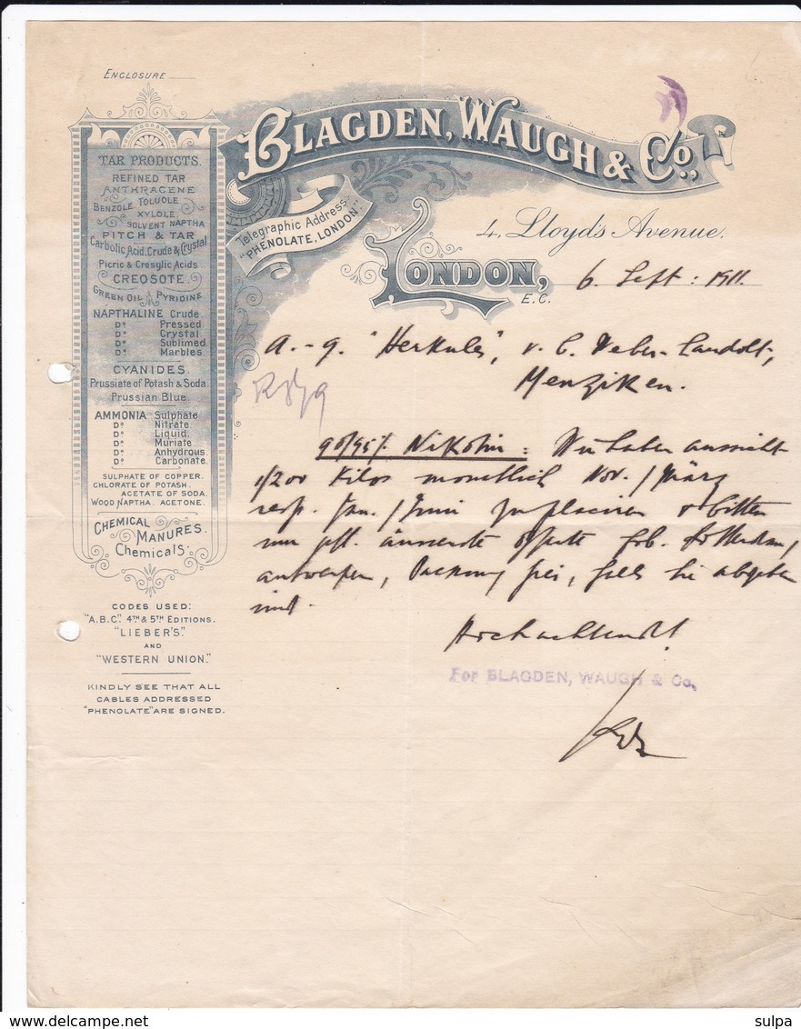 Blagden, Waugh & Co, Chemicals, London, Letter 1911 To  Herkules, Menziken (Switzerland) - Ver. Königreich