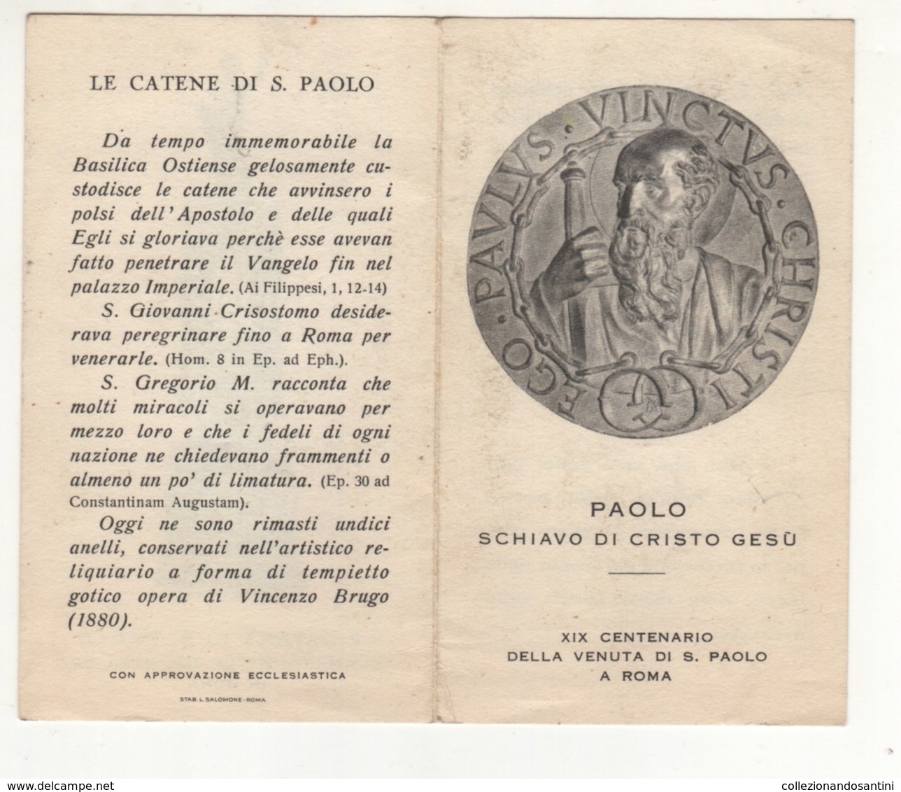 Santino Antico San Paolo Apostolo XIX Centenario Della Venuta A Roma - Religione & Esoterismo