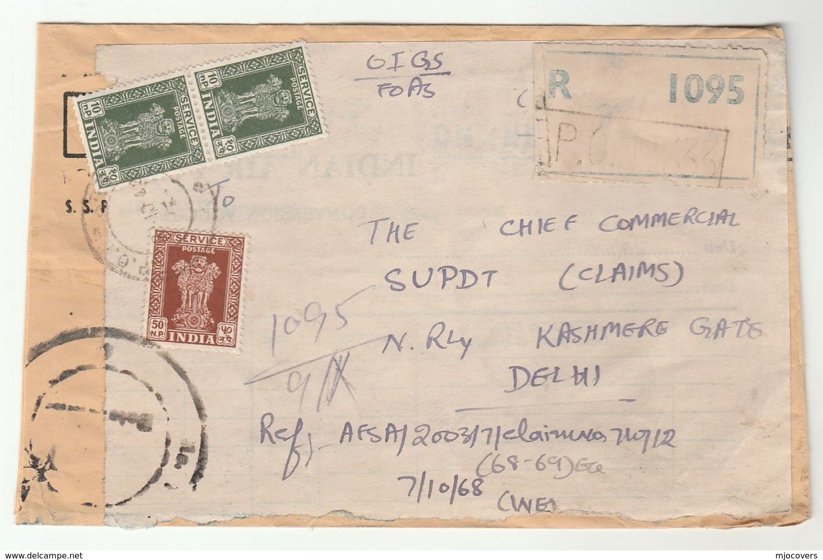 1969 Registered FPO 633 INDIA FORCES To NORTHERN RAILWAY  Cover Train Stamps Military - Covers & Documents