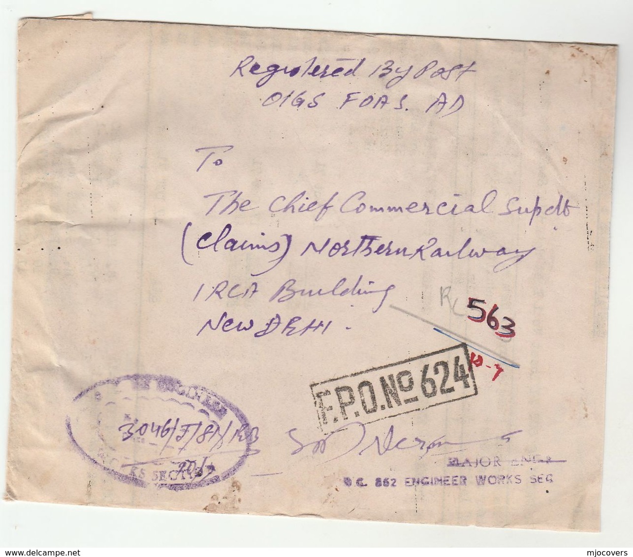 1972 INDIA FORCES ENGINEER WORKS To NORTHERN RAILWAY Train REGISTERED FPO 624 From 862 Military Engineers Stamps Cover - Official Stamps