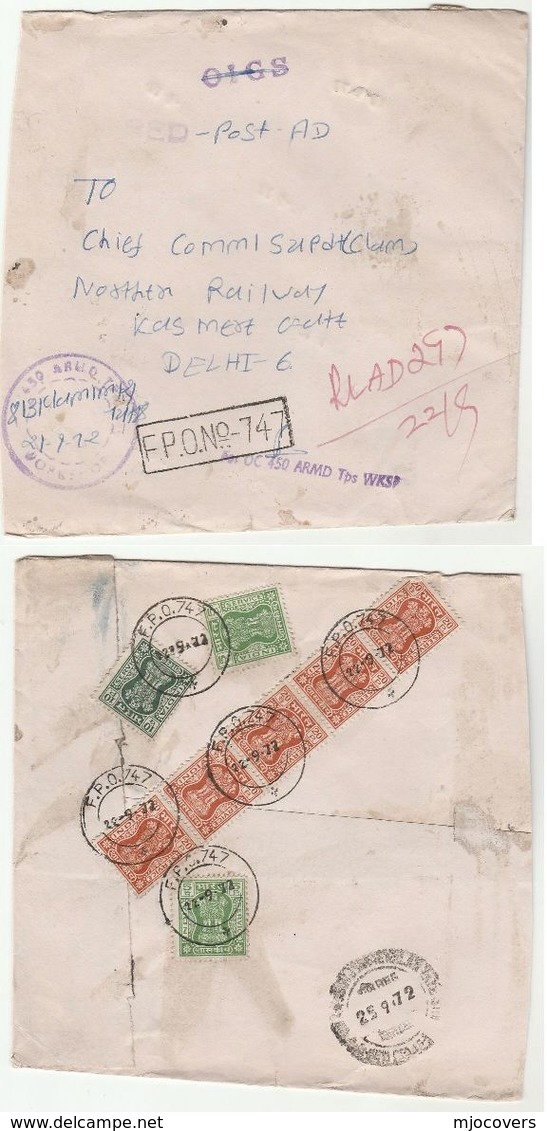 1972 Registered FPO 747 OC 450 ARMD TRPS WKS  INDIA FORCES To NORTHERN RAILWAY Train Military Cover - Dienstzegels