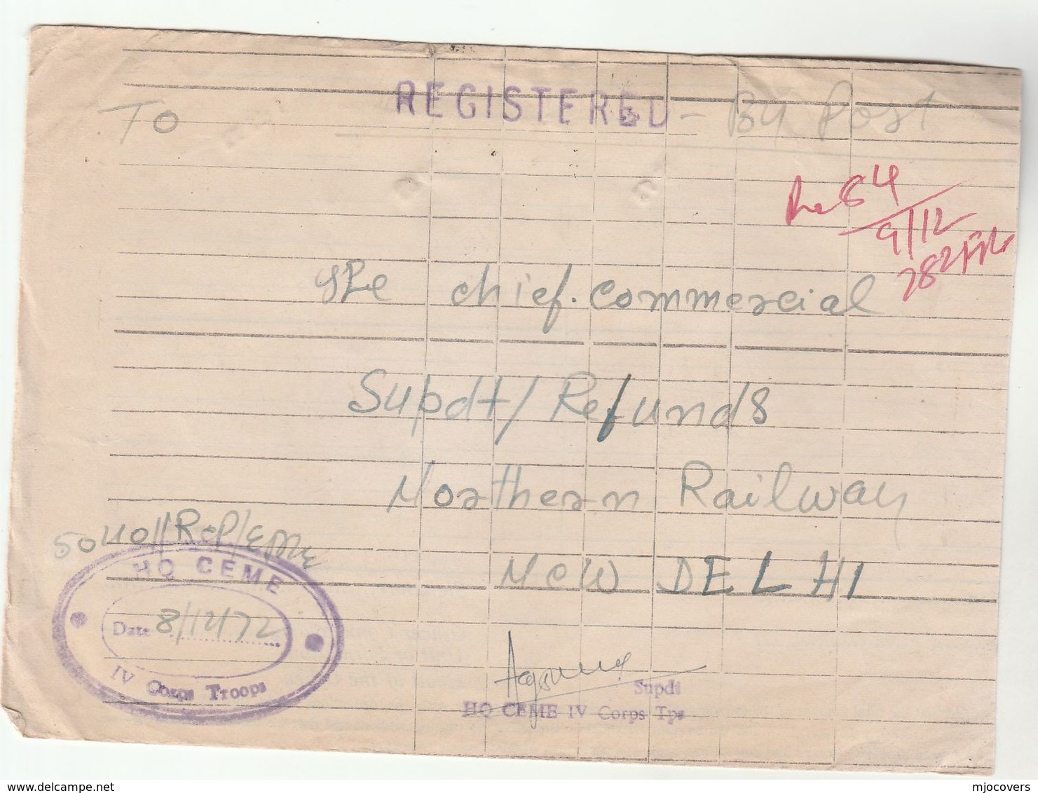 1972 Registered FPO 689 HQ CEME IV CORP TROOPS INDIA FORCES To NORTHERN RAILWAY Train Military Engineers Cover - Militaria