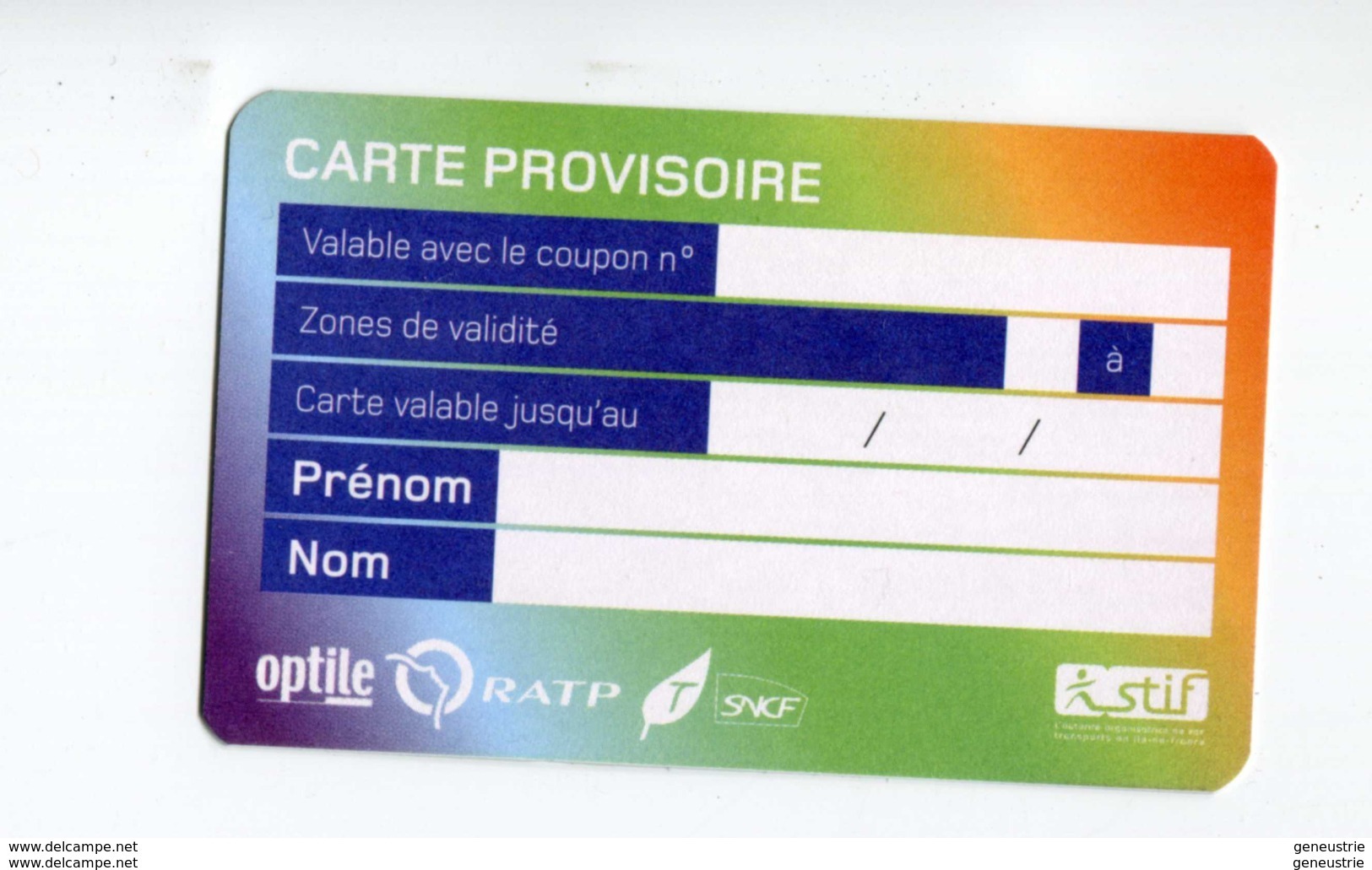 Carte Provisoire Vierge Type 1  SNCF / RATP Délivrée En Cas De Déterioration Du Titre Principal - Ticket RER Métro Paris - Europe