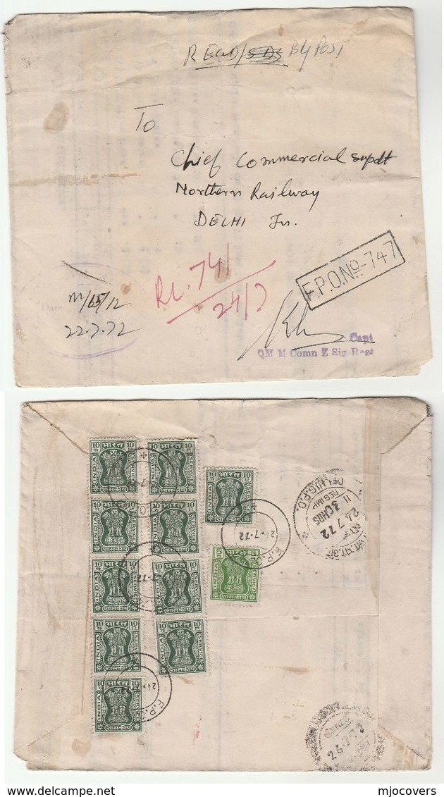 1972 Registered FPO 747 Cover QM M COMN Z SIG REGT INDIA  To NORTHERN RAILWAY Train Military Forces Stamps Signals - Militaria