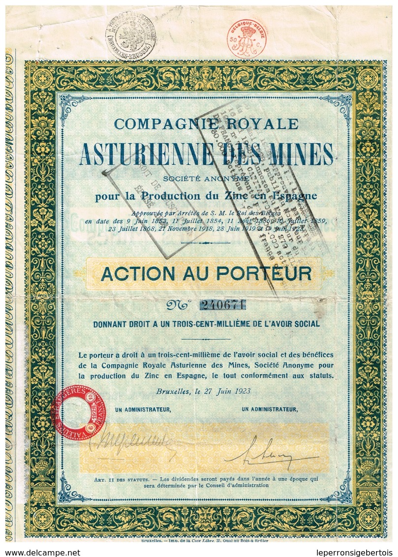 Titre Ancien - Compagnie Royale Asturienne Des Mines - Titre De 1923 - N° 240671 - Mines