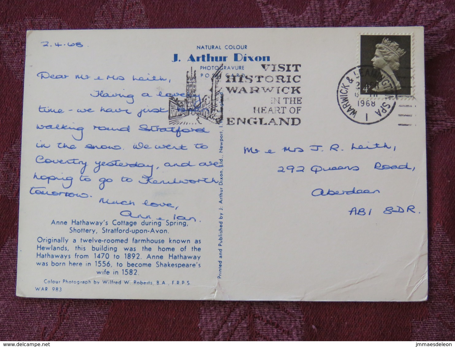 Great Britain 1968 Postcard " Anne Hathaway Cottage Shottery Strafford-on-Avon " Warwick History Slogan To England - Mac - Sonstige & Ohne Zuordnung
