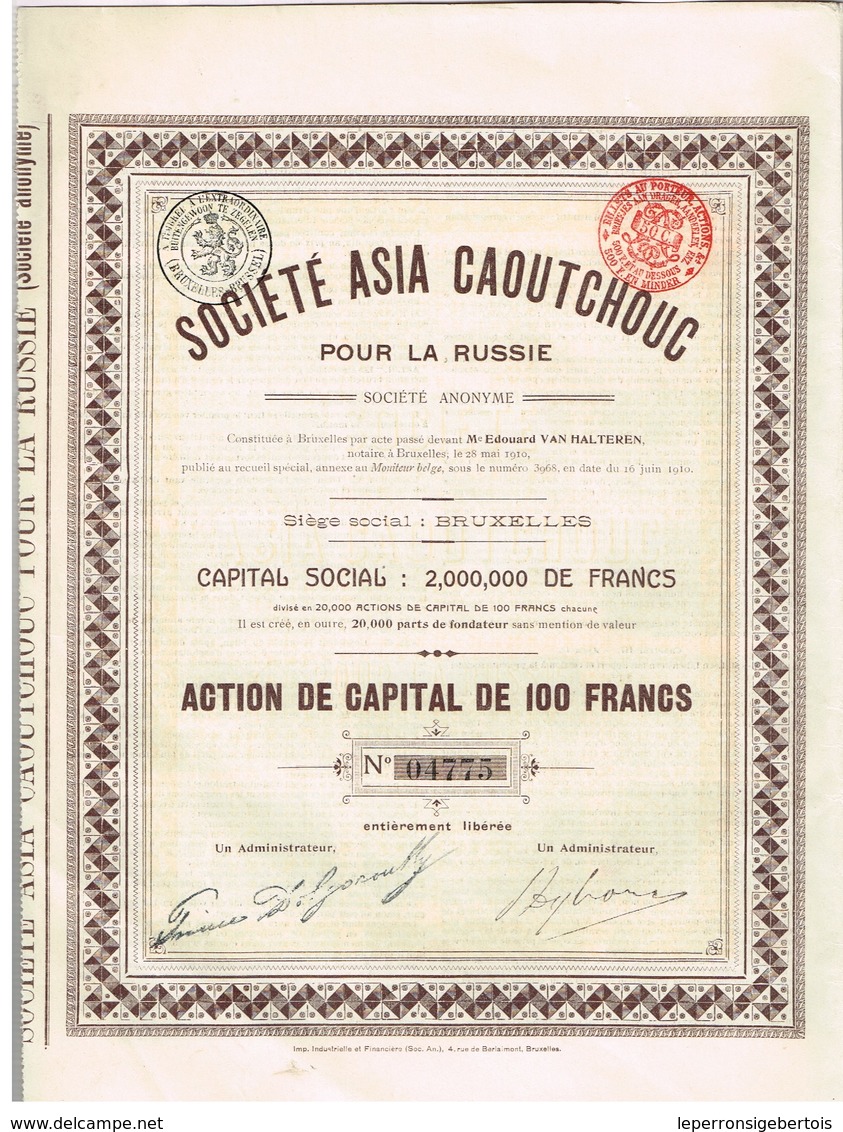 Titre Ancien - Société Asia Caoutchouc Pour La Russie - Titre De 1910 - N° 04775 - Russie