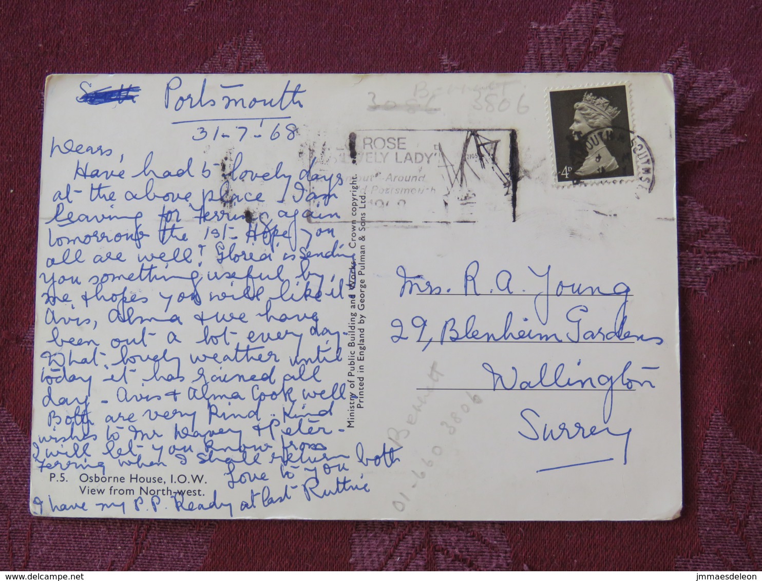 Great Britain 1968 Postcard " Osborne House Isle Of Wight " Ship Slogan To England - Machin Stamp 4d - Sonstige & Ohne Zuordnung