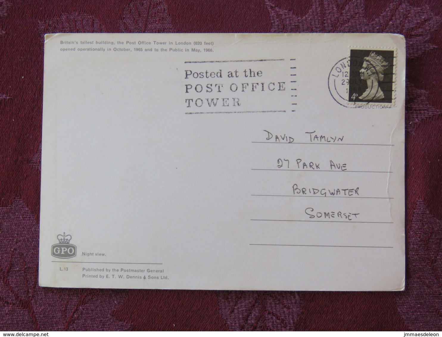 Great Britain 1968 Postcard " Post Office Tower In London " London (posted At Post Office Tower) To England - Machin Sta - Sonstige & Ohne Zuordnung