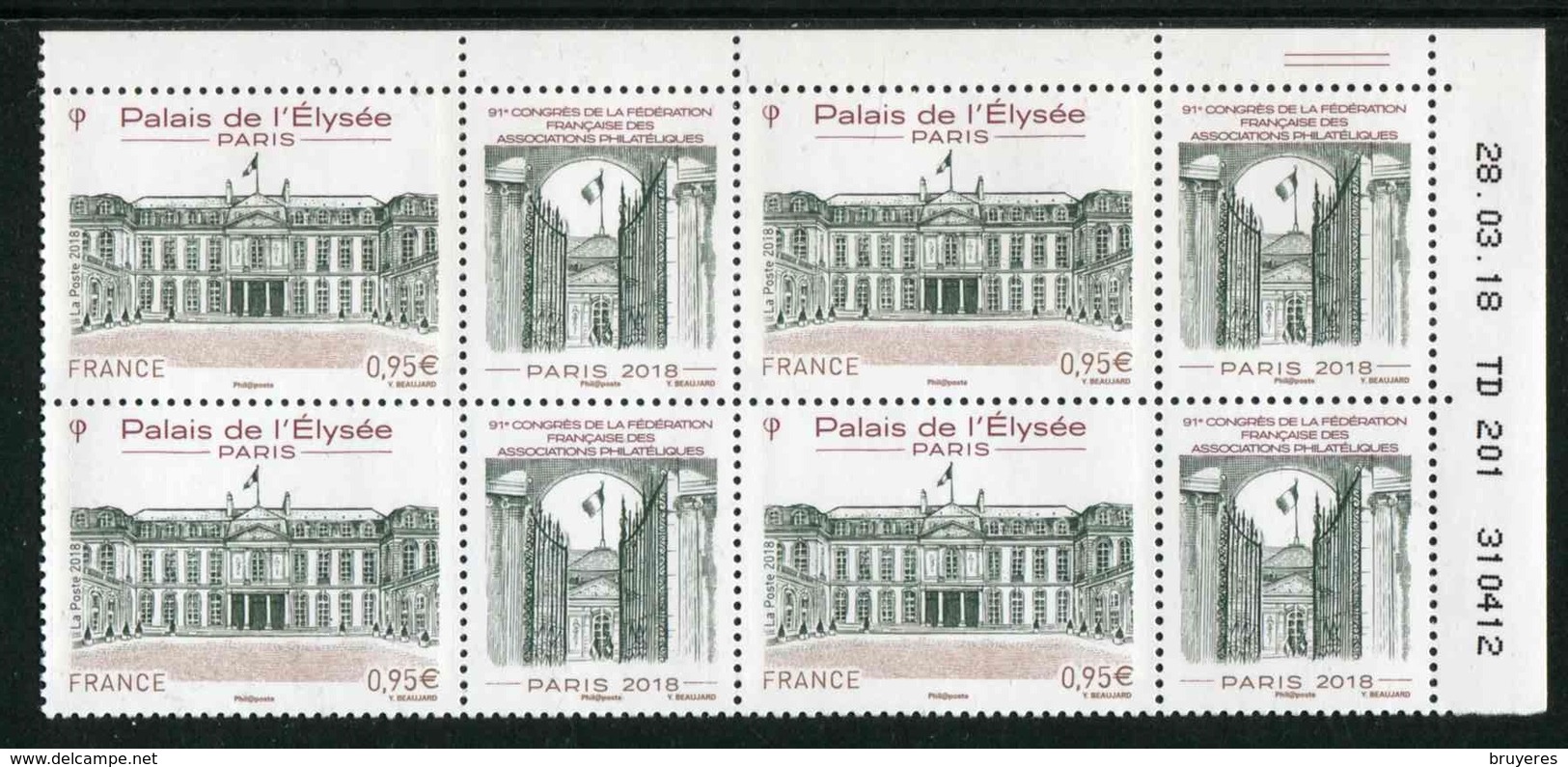 Bloc De 4 Timbres** Gommés De 2018 "0,95 € - PALAIS DE L'ELYSEE" Avec Date 28 . 03 . 18 (2 Traits) - 2010-2019