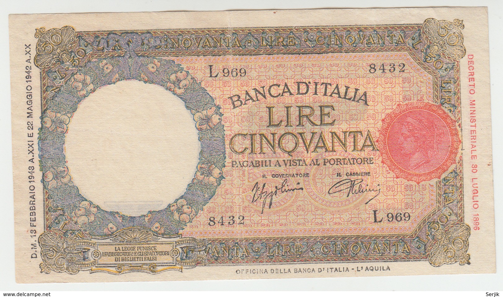 Italy 50 Lire 1943 VF++ Pick 58 - 50 Lire