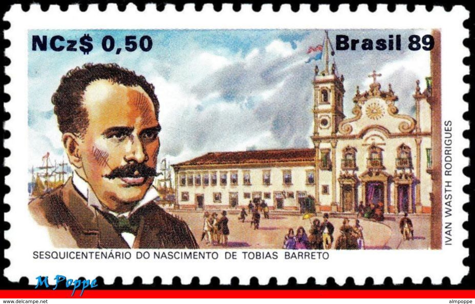 Ref. BR-2171 BRAZIL 1989 FAMOUS PEOPLE, TOBIAS BARRETO, POET,, CHURCH, SHIPS, MI# 2302, MNH 1V Sc# 2171 - Bateaux