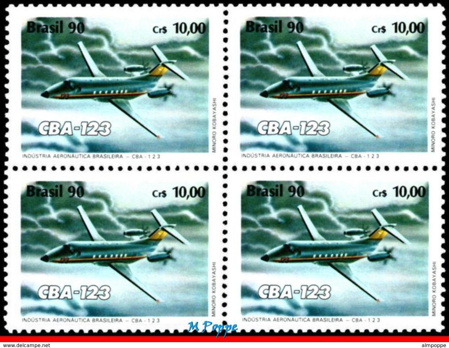 Ref. BR-2257-Q BRAZIL 1990 PLANES, AVIATION, AERONAUTICAL INDUSTRY,, AIRPLANE CBA 123, MI# 2371, BLOCK MNH 4V Sc# 2257 - Flugzeuge