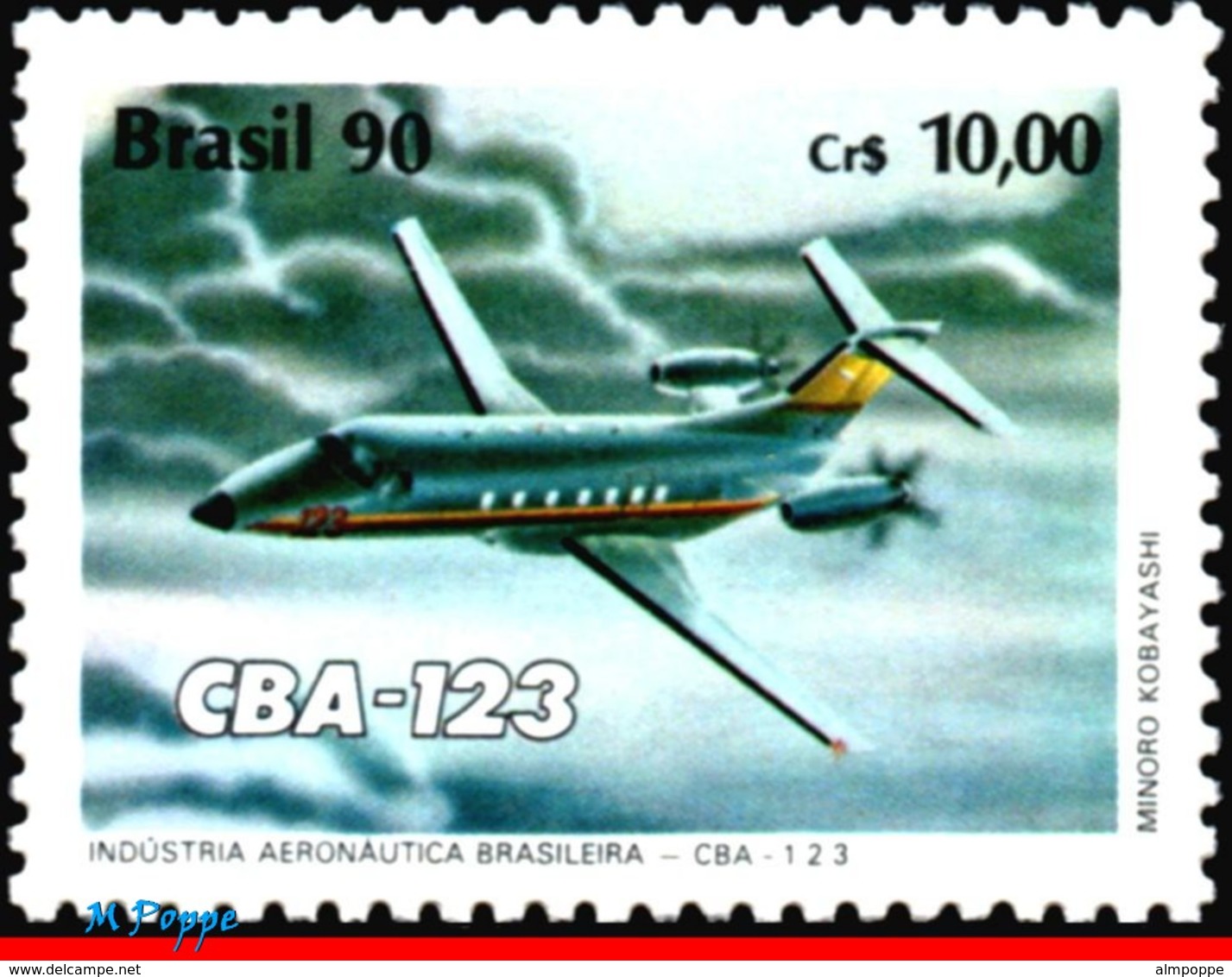 Ref. BR-2257-Q BRAZIL 1990 PLANES, AVIATION, AERONAUTICAL INDUSTRY,, AIRPLANE CBA 123, MI# 2371, BLOCK MNH 4V Sc# 2257 - Flugzeuge