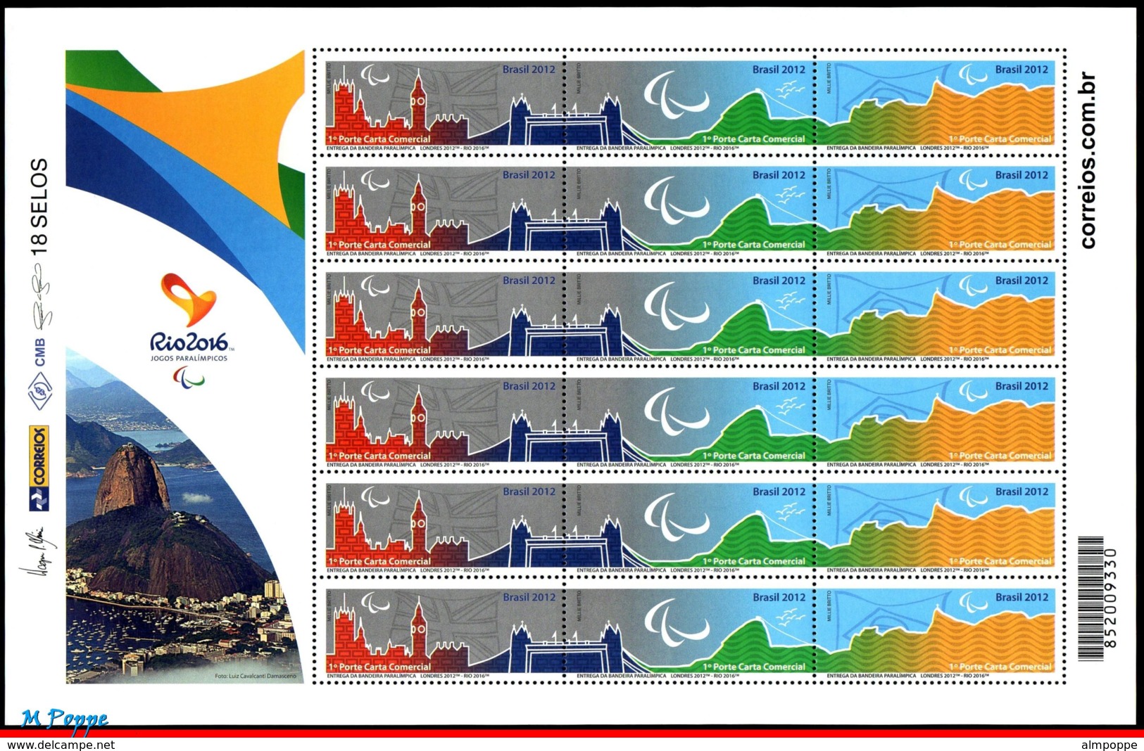 Ref. BR-3294-FO BRAZIL 2015 SPORTS, PARALYMPIC GAMES RIO 2016, DELIVERY FLAG, DATED 2012, SHEET MNH 18V Sc# 3294 - Ungebraucht