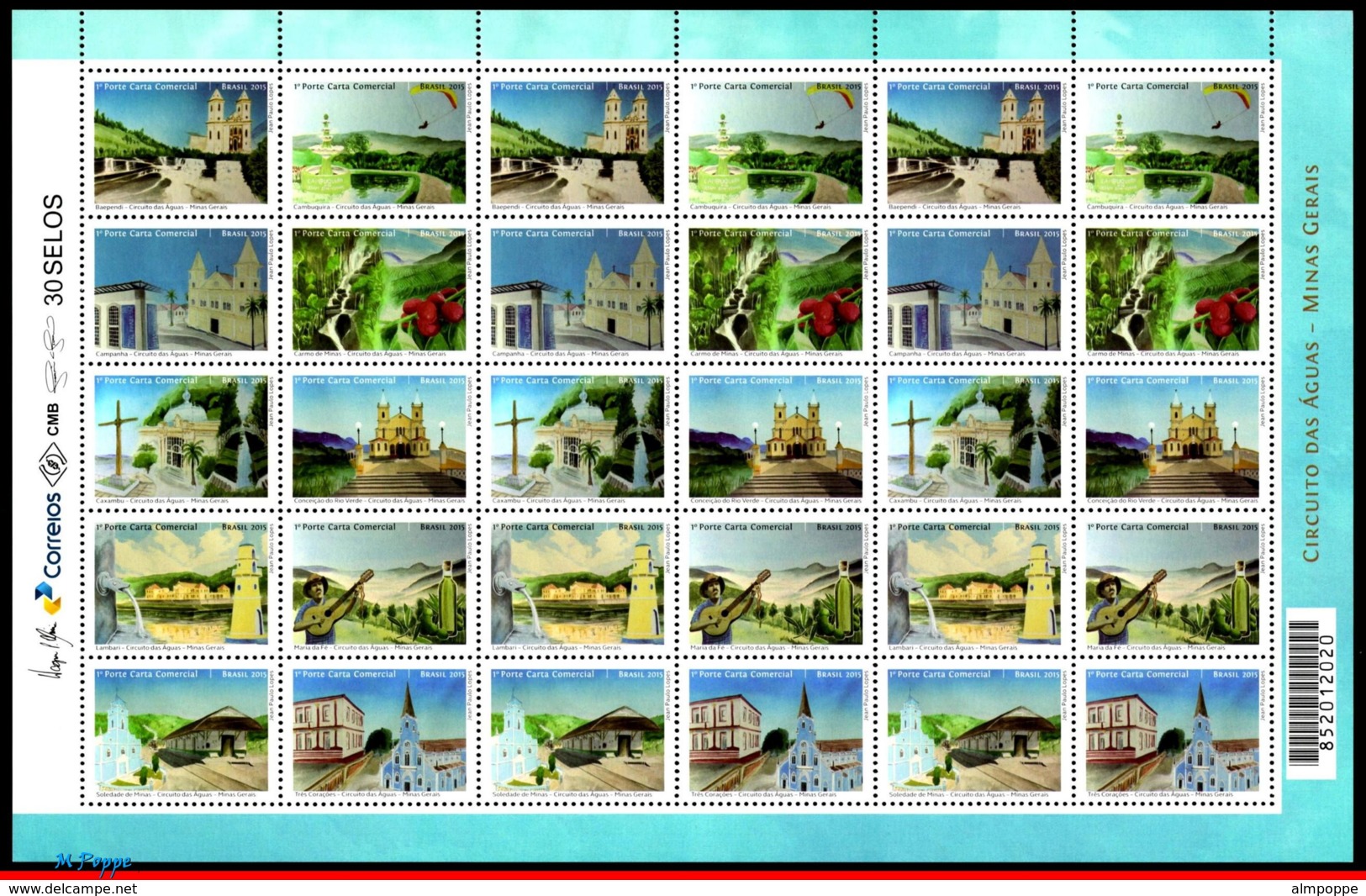 Ref. BR-3316-FO BRAZIL 2015 ARCHITECTURE, CIRCUIT OF THE WATERS,, CHURCHES, MUSIC, TRAIN, SHEET MNH 30V Sc# 3316 - Ungebraucht