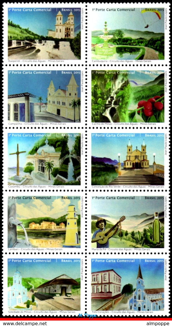 Ref. BR-3316-FO BRAZIL 2015 ARCHITECTURE, CIRCUIT OF THE WATERS,, CHURCHES, MUSIC, TRAIN, SHEET MNH 30V Sc# 3316 - Neufs