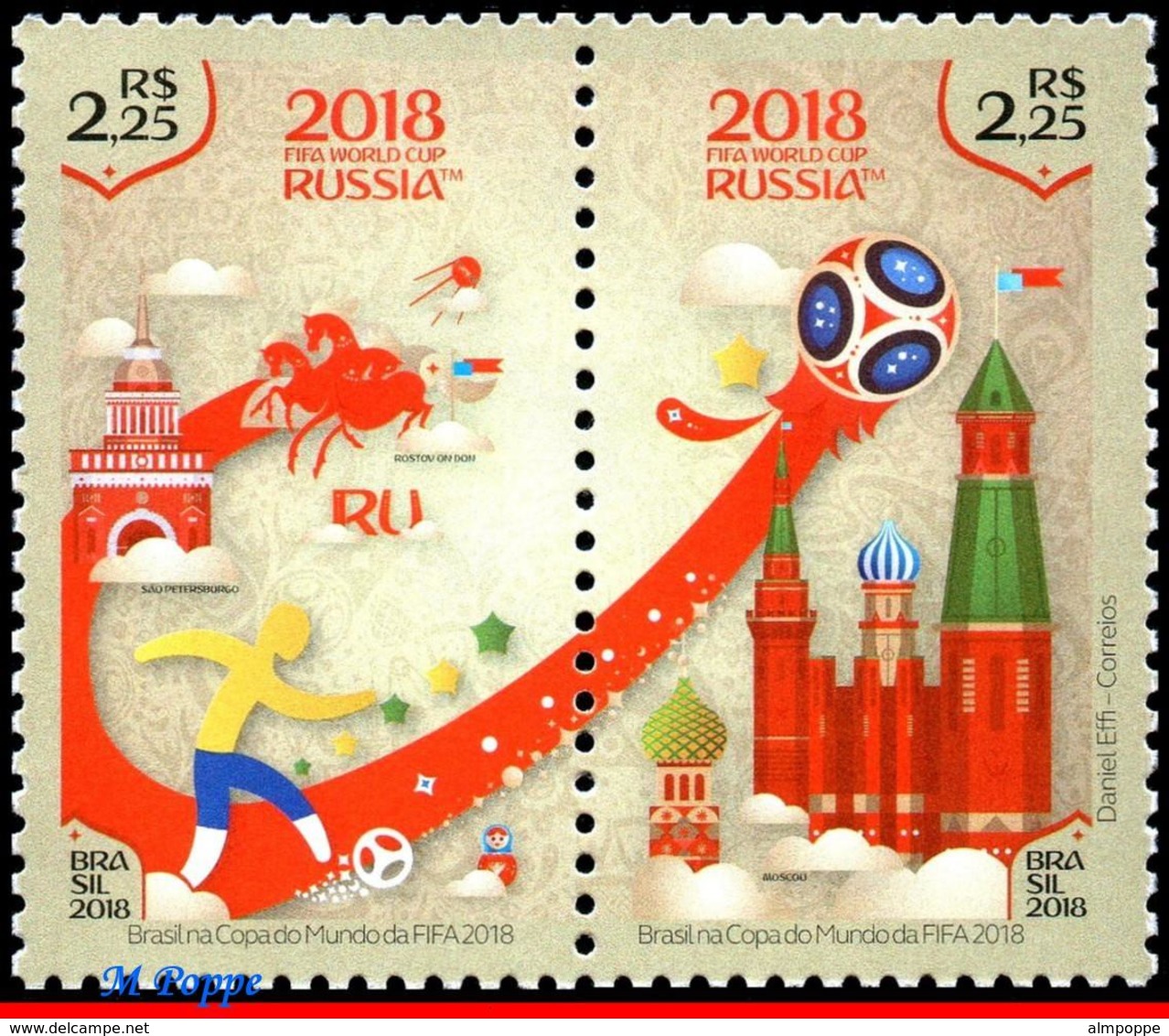 Ref. BR-V2018-06 BRAZIL 2018 FOOTBALL-SOCCER, FIFA WORLD CUP RUSSIA,, RUSSIAN FEDERATION, MNH 2V - Neufs