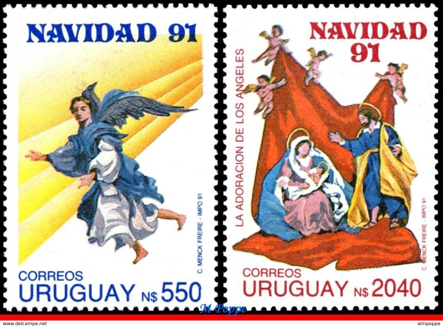 Ref. UR-1411-12 URUGUAY 1991 CHRISTMAS, ANGELS, RELIGION,, SET MNH 2V Sc# 1411-1412 - Weihnachten