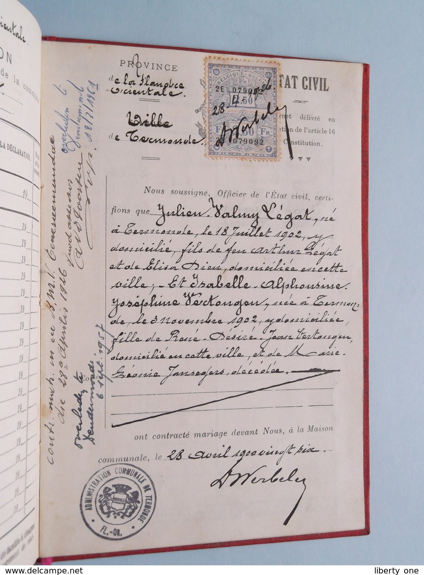 Carnet De MARIAGE Ville De TERMONDE Anno 1926 ( Légat 1902 Et Vertongen 1902 ) (Dendermonde) - Zonder Classificatie