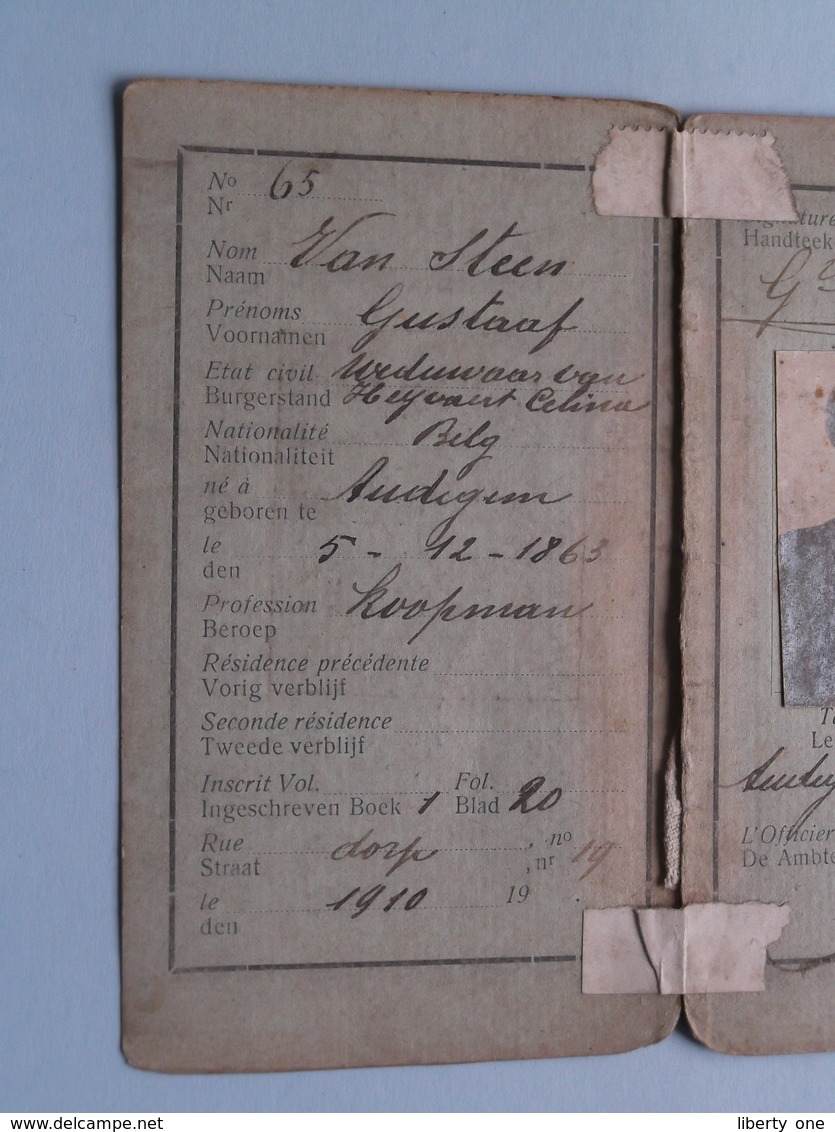 Carte D'Identité De Belge Gemeente AUDEGEM 1919 ( VAN STEEN Gustaaf 5/12/1863 Weduwnaar Van Heyvaert ) Koopman ! - Non Classés