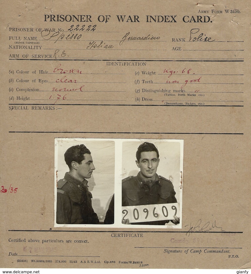 PRISONER INDEX CARD POW CAMP 595 TRANSIT GREAT BRITAIN 1945 ITALIAN POW - Correo Militar (PM)