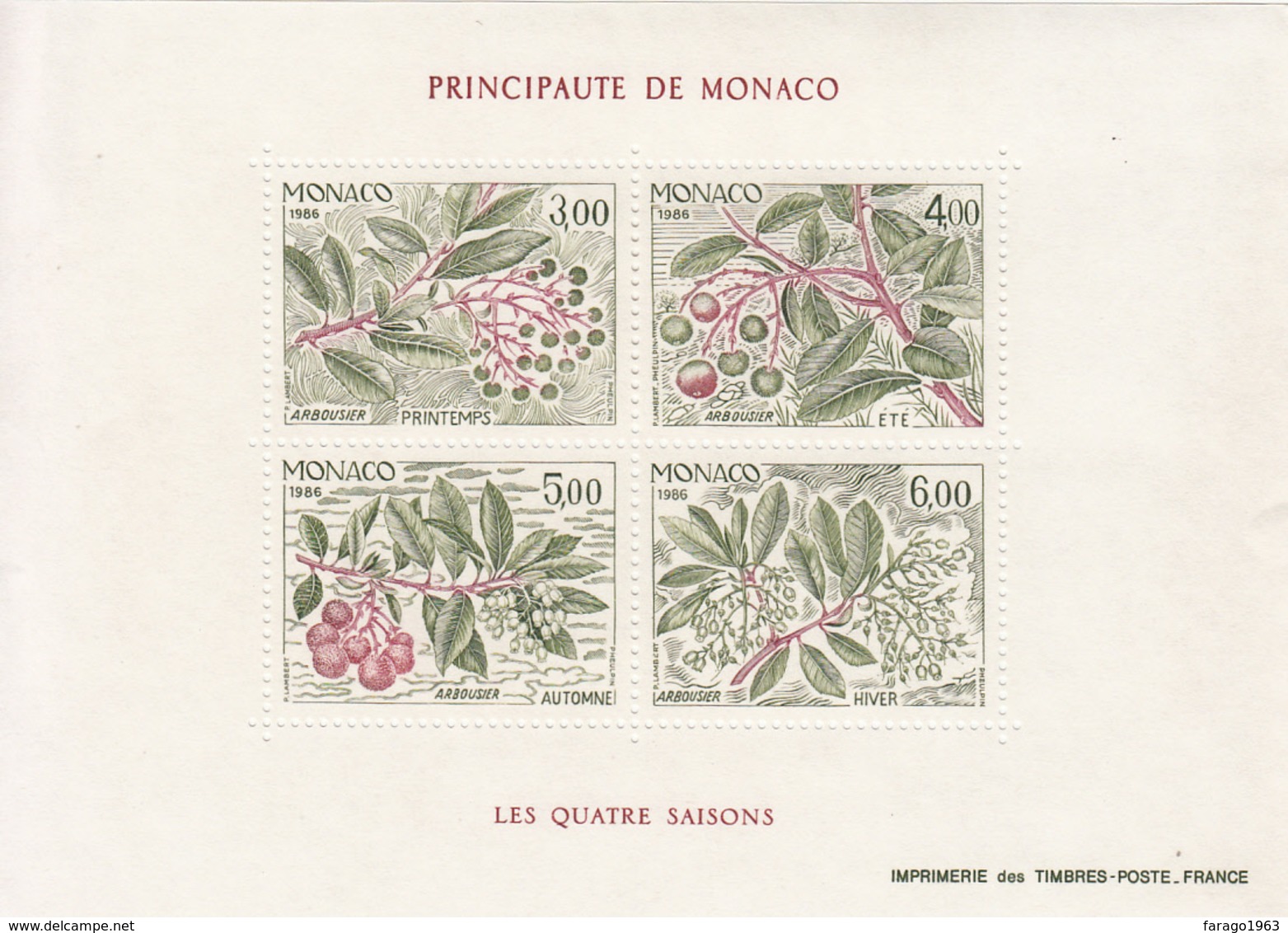 1986 Monaco Trees Arbres 4 Seasons Souvenir Sheet Complete  MNH - Bäume