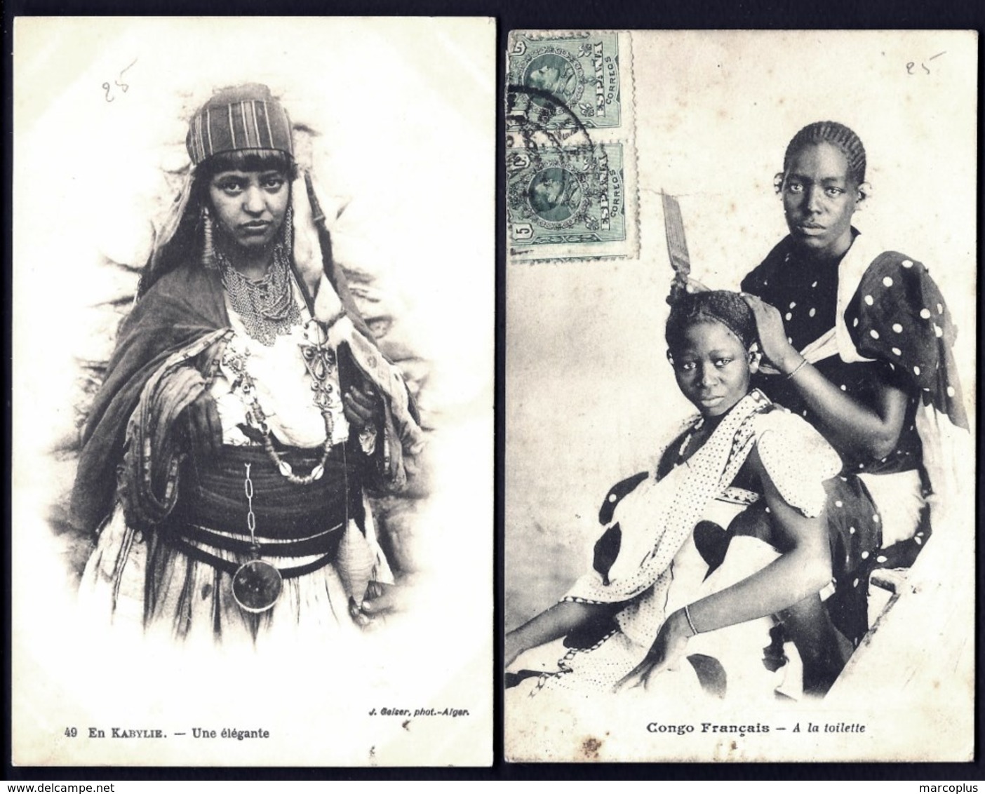 JL DIV- LOT 2 CPA ANCIENNES AFRIQUE- JEUNE FEMME KABYLE  ET FEMMES CONGOLAISES A LA TOILETTE- GROS PLAN - Afrique