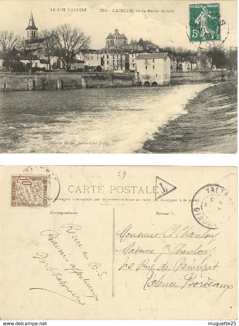 Catre Postale  De Cahors , Vue Du Moulin De Coty  Taxe De 10 Ct Au Verso  Tampon Taxe - Andere & Zonder Classificatie