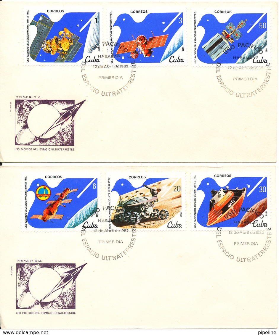 Cuba FDC 12-4-1982 Space Cosmonautics Day Complete Set Of 6 On 2 Covers With Cachet - FDC