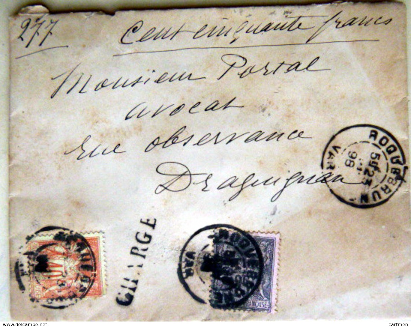 83 ROQUEBRUNE PLI CHARGE 1898 CACHETS CIRE AU DOS  3 SCAN - 1877-1920: Semi Modern Period