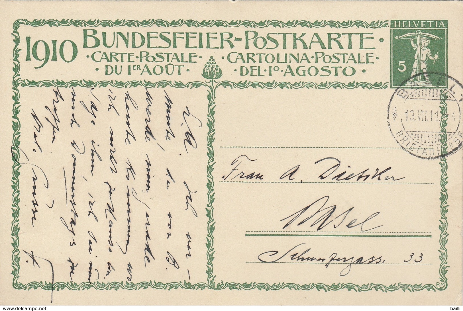 Suisse Entier Postal Illustré Basel 1911 - Stamped Stationery