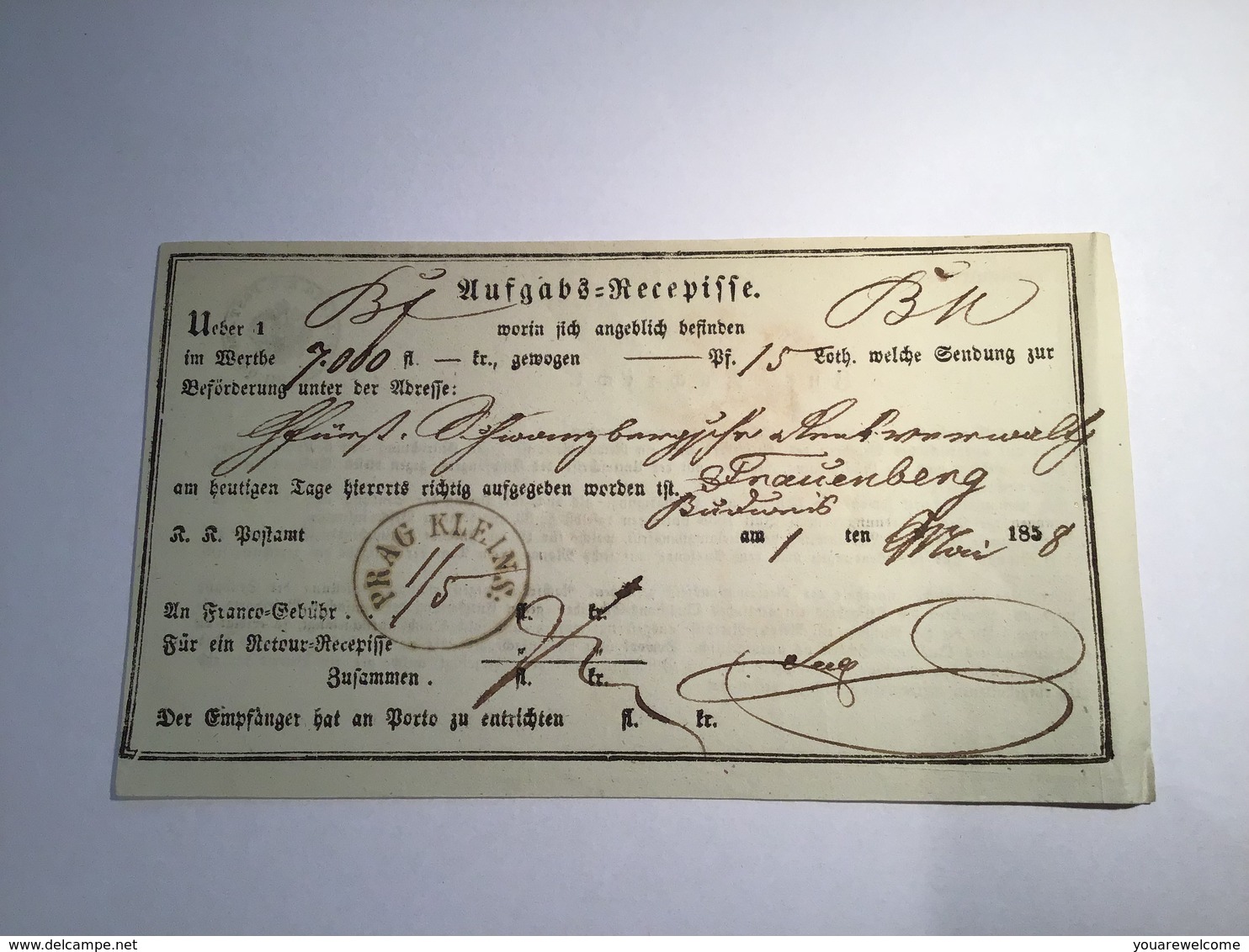Österreich „PRAG KLEINS:“ 1858 (Böhmen Tschechien)  Postschein (Brief Cover Czechoslovakia Austria - Briefe U. Dokumente