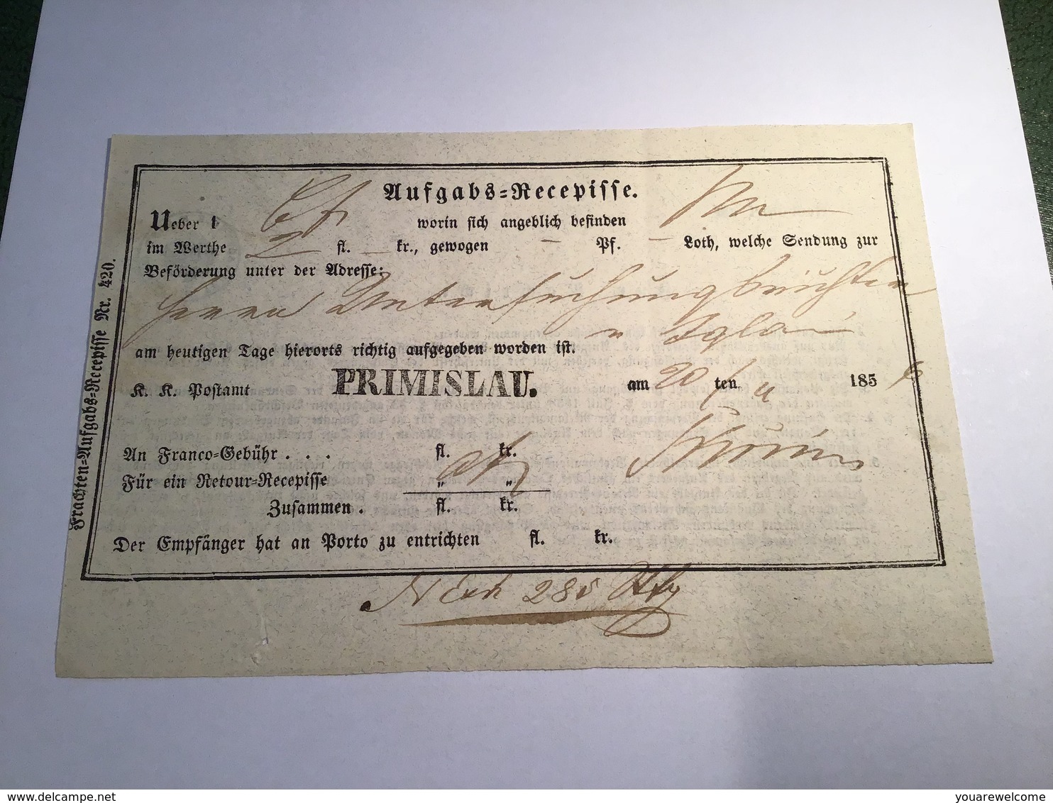 Österreich „PRIMISLAU“1856 (Böhmen Tschechien)  Postschein (Brief Cover Czechoslovakia Austria - Briefe U. Dokumente