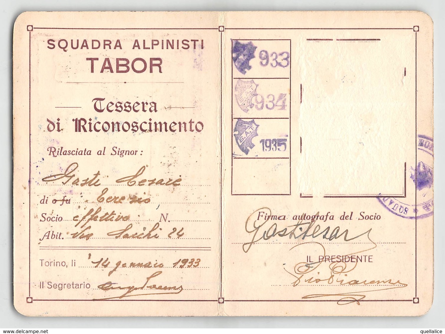 0879 "TORINO - SQUADRA ALPINISTI TABOR - TESSERA RICONOSCIMENTO SOCIO DEL 1933"  ORIGINALE - Winter Sports