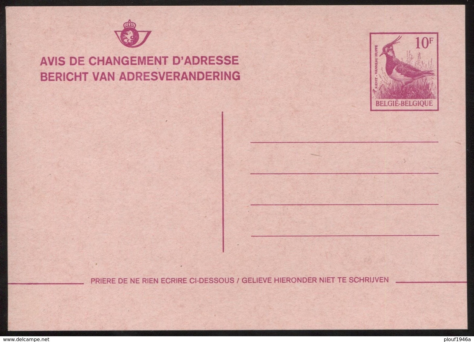 10 F "Oiseaux"  "Vanneau Huppé" - Avis Changement Adresse