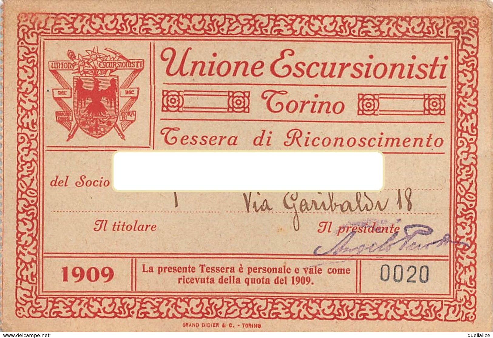 0880 "TORINO - UNIONE ESCURSIONISTI - TESSERA DI RICONOSCIMENTO DEL 1909"  ORIGINALE - Wintersport