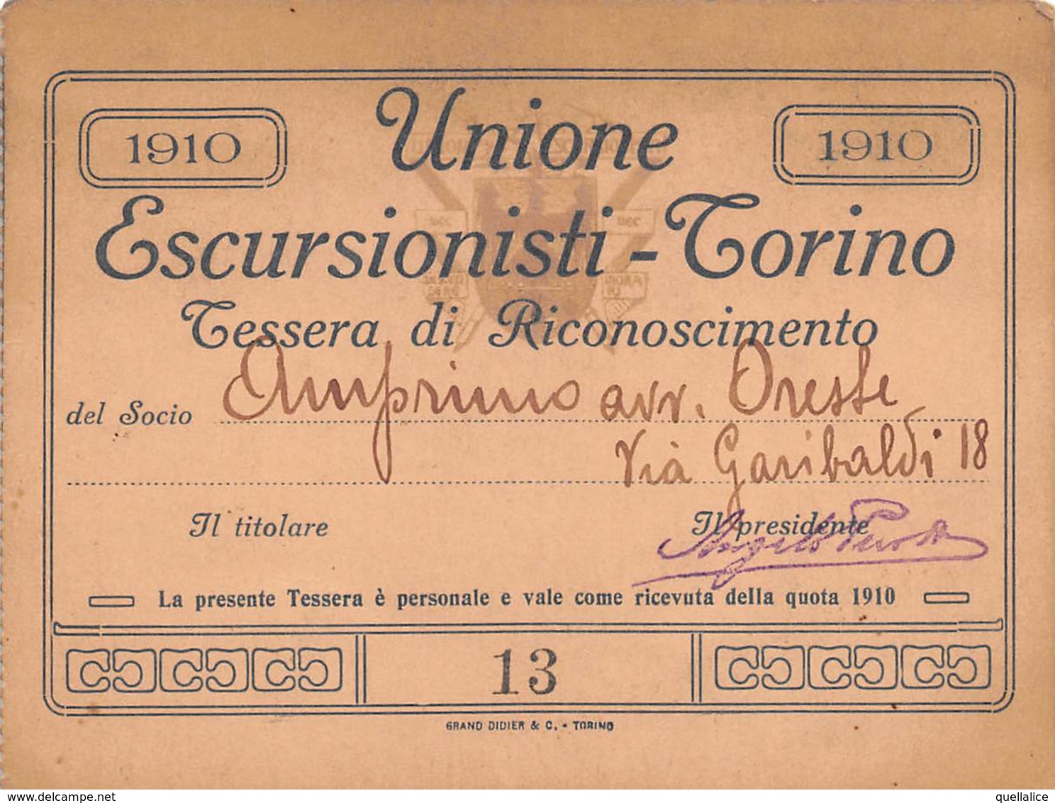 0881 "TORINO - UNIONE ESCURSIONISTI - TESSERA DI RICONOSCIMENTO DEL 1910"  ORIGINALE - Sports D'hiver