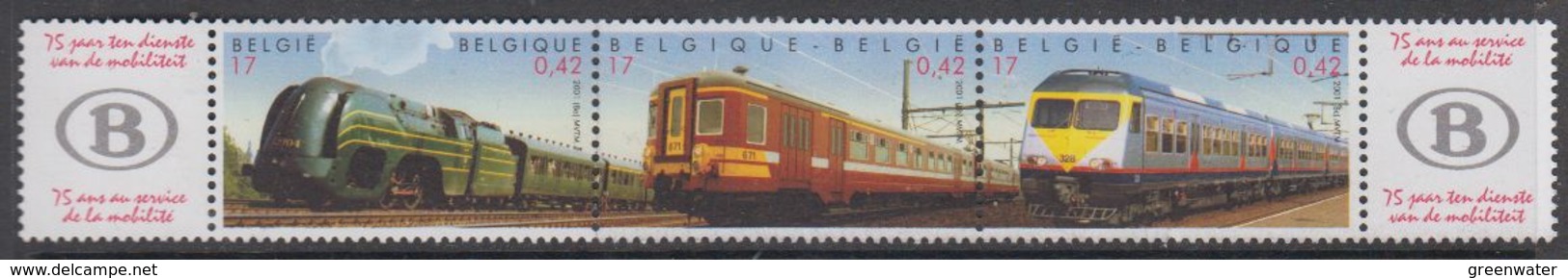 Belgie 2001 Spoorwegen / Treinen Strip 3w ** Mnh (42040) @ Face Value - Ongebruikt