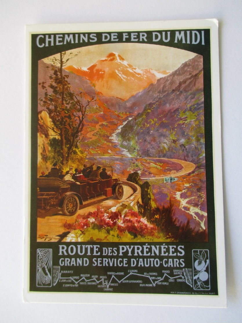 Carte Postale Affiche Chemin De Fer Du Midi   Route Des Pyrénées  Grand Service D'autocars - Publicité