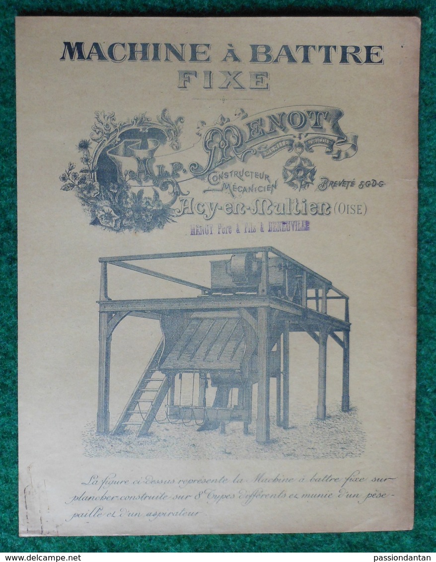 Fiche Technique De La Machine à Battre Fixe De La Maison A. Menot Et Deneuville Sise à Acy En Multien - Agricoltura