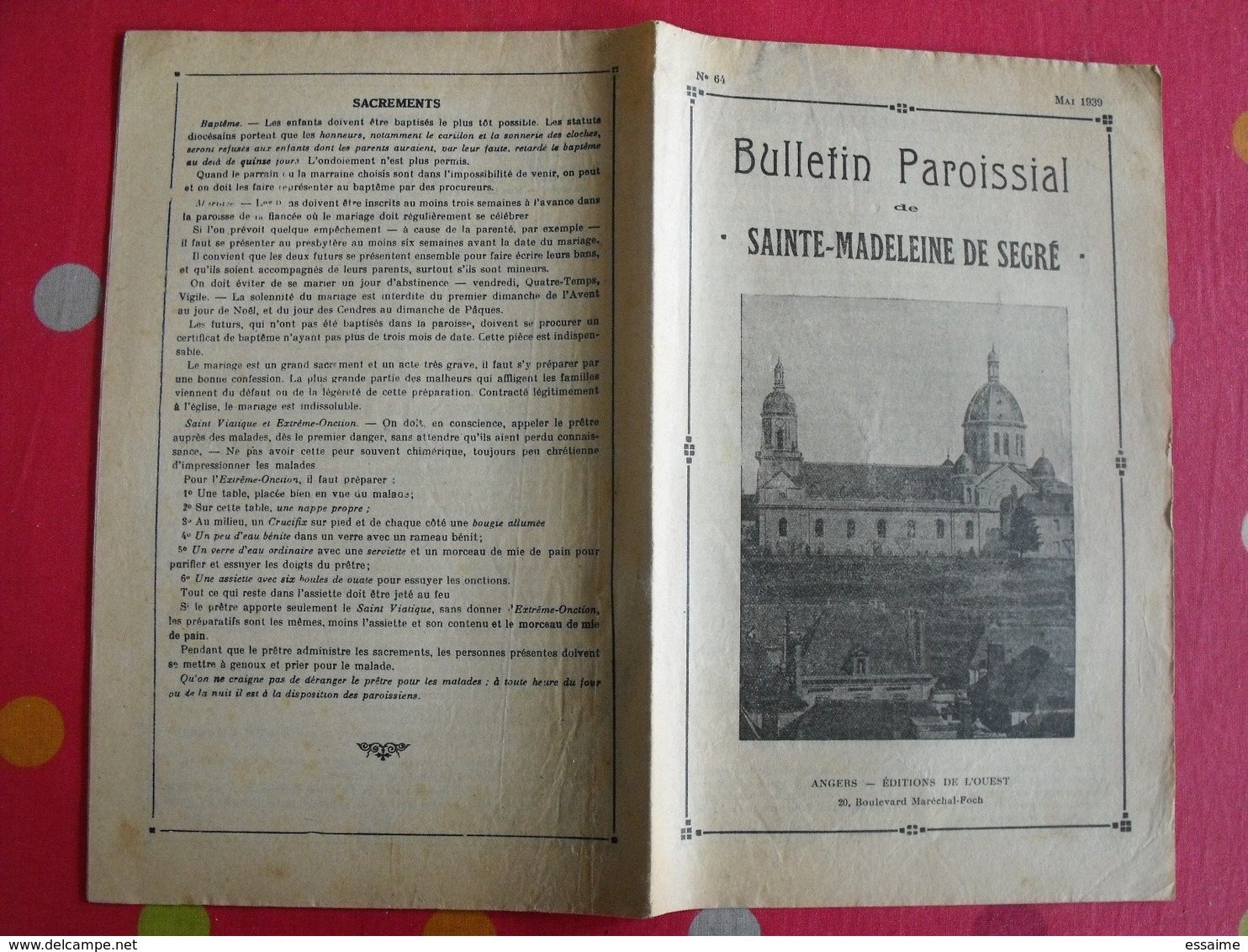 Bulletin Paroissial De Sainte-Madeleine De Segré. éditions De L'ouest Mai 1939. Anjou Angers - Pays De Loire