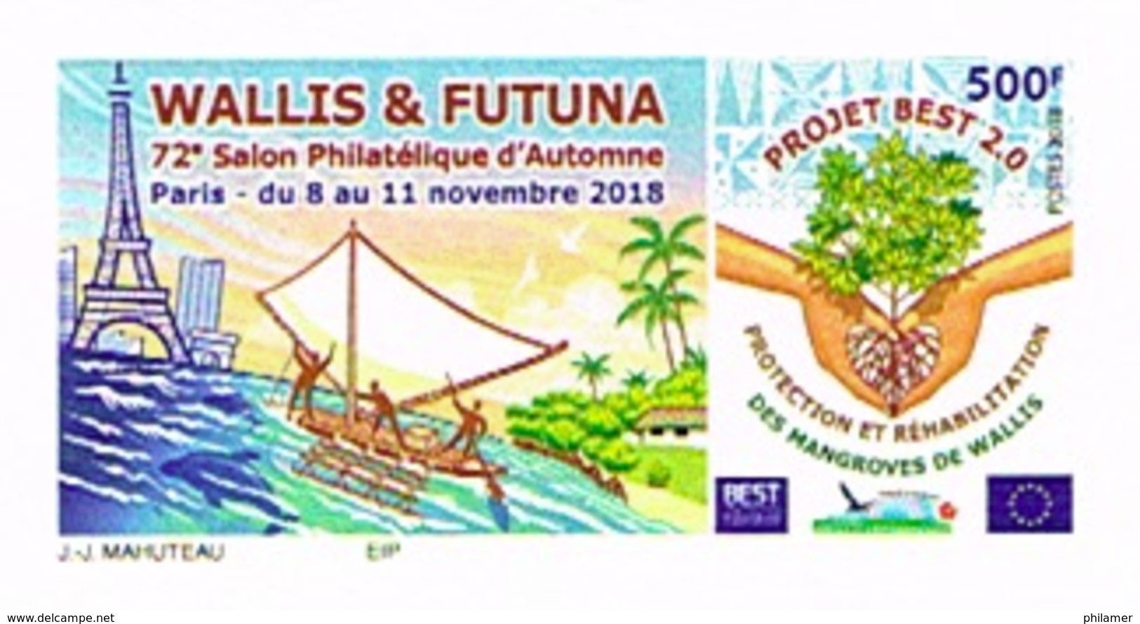 Wallis Et Futuna Timbre Personnalise Timbre A Moi Salon Automne 18 Mangrove Paletuvier Voilier Pirogue Tour Eiffel 500 F - Nuevos