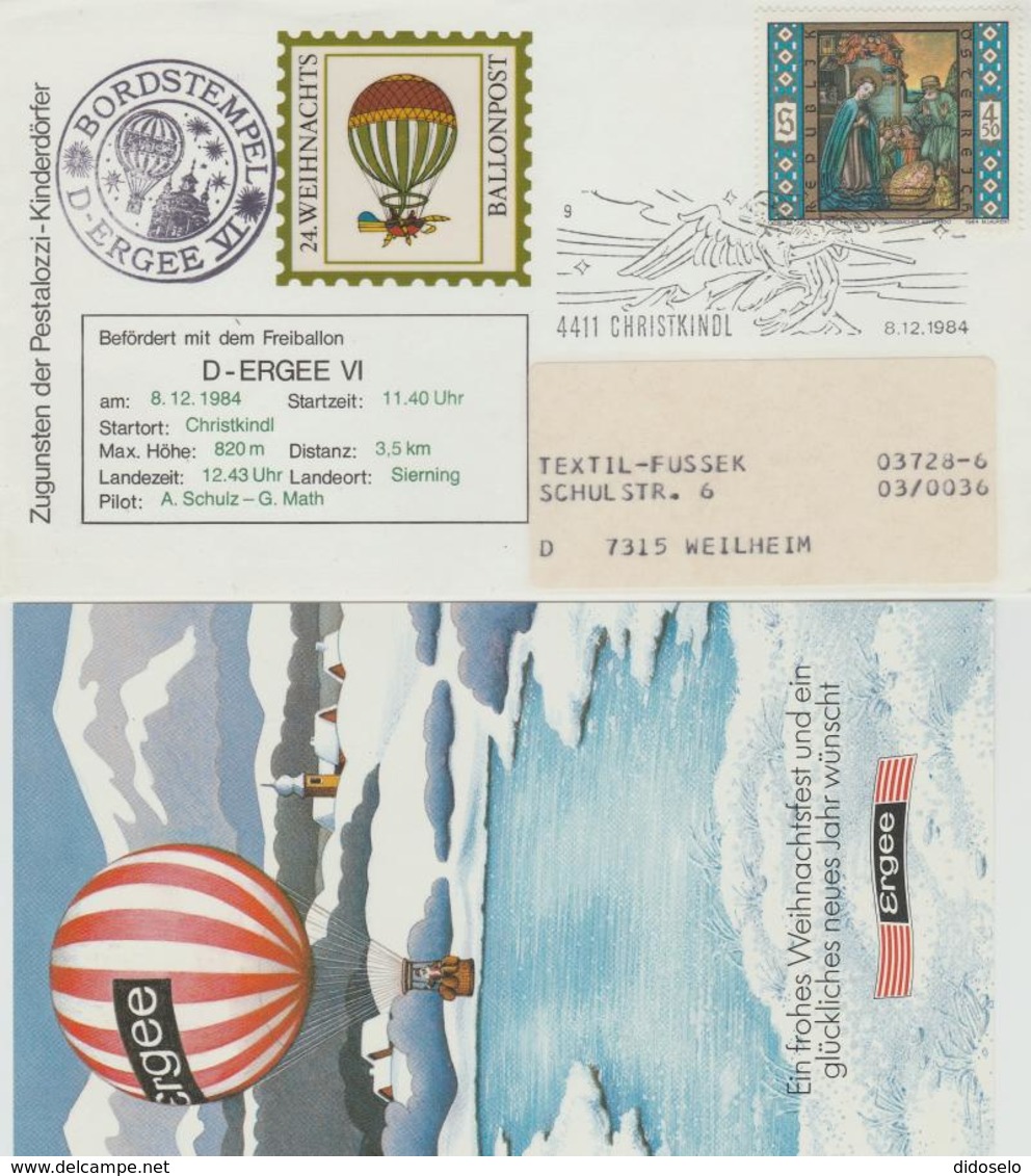 Austria - 1984 - Christmas Stamp On Baloon Post Cover - Fesselballons