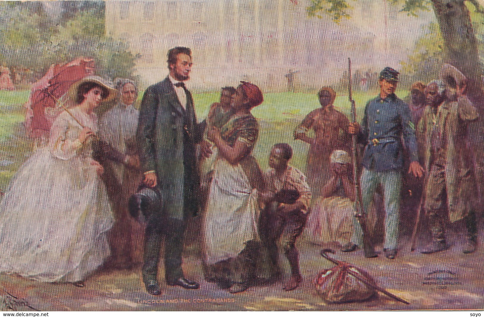 Abraham Lincoln And The Contrabands Black People . Slavery. Embossed. Contrebandiers Noirs . Gaufrée Signée - Politieke En Militaire Mannen