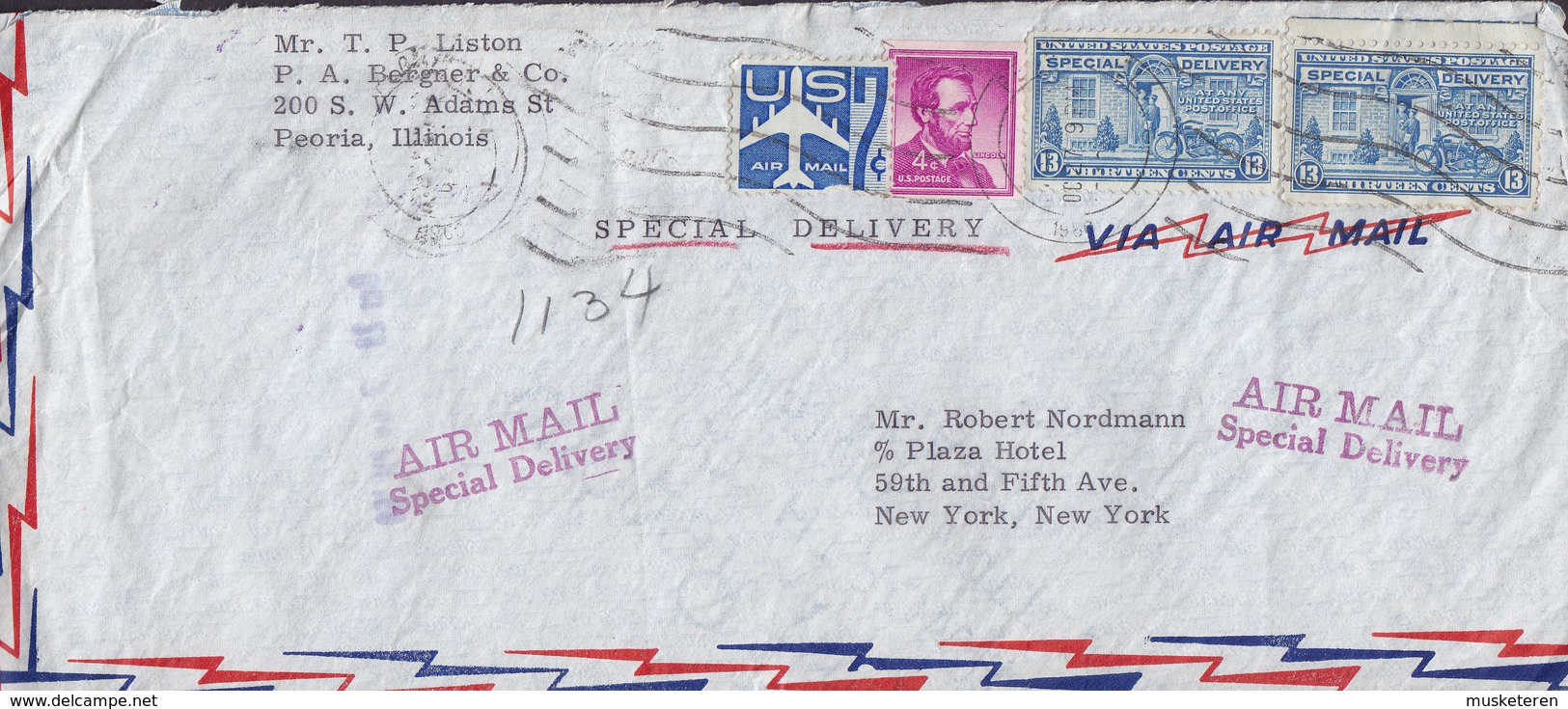 United States Air Mail Special Delivery PEORIA Illinois 1960 Cover Brief NEW YORK 2x Special Delivery Stamps (2 Scans) - Special Delivery, Registration & Certified