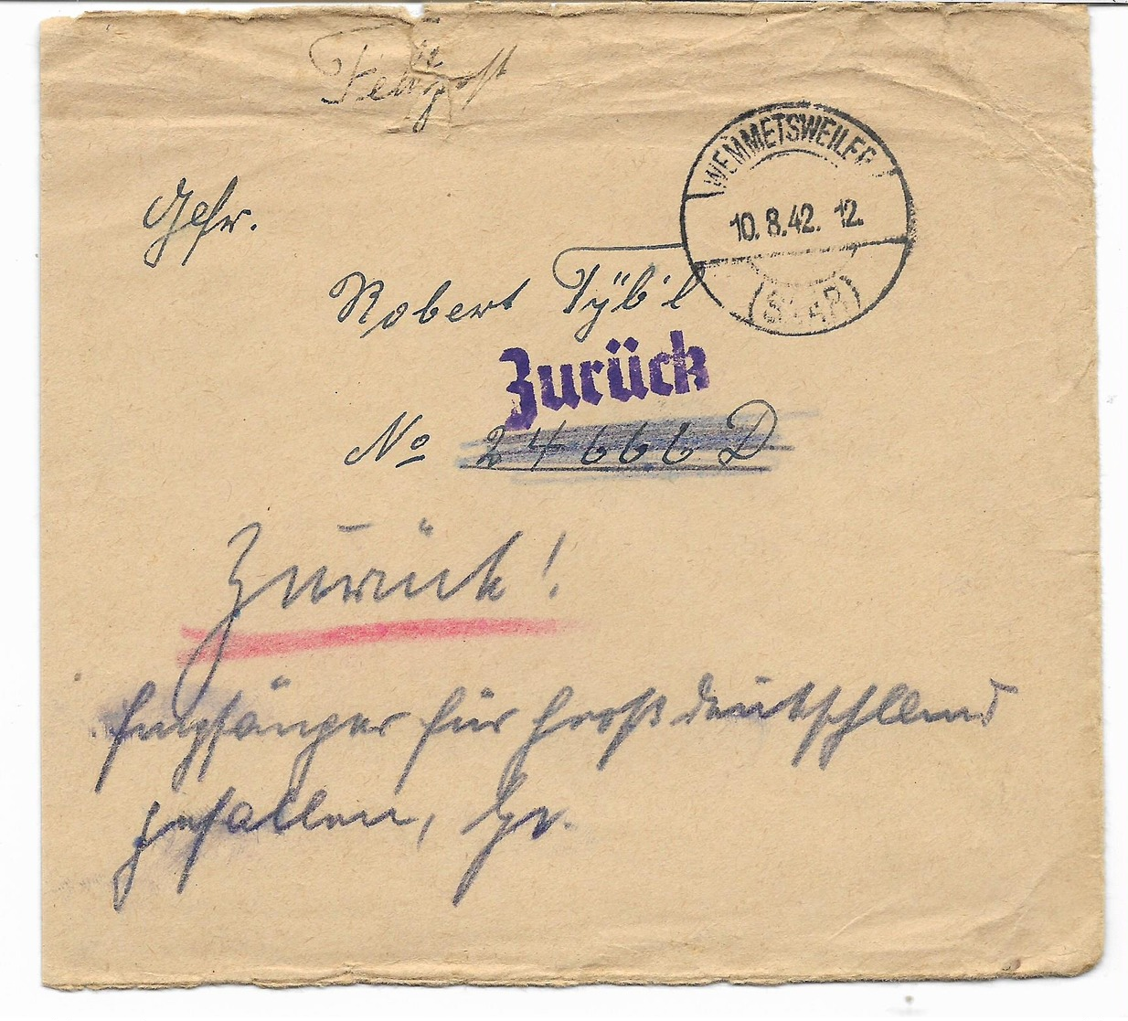 GUERRE WW2-  ZURÜCK- Cachet WEMMETSWEILER 10.8.42 -   -FELDPOST   Voir Scan - Lettres & Documents