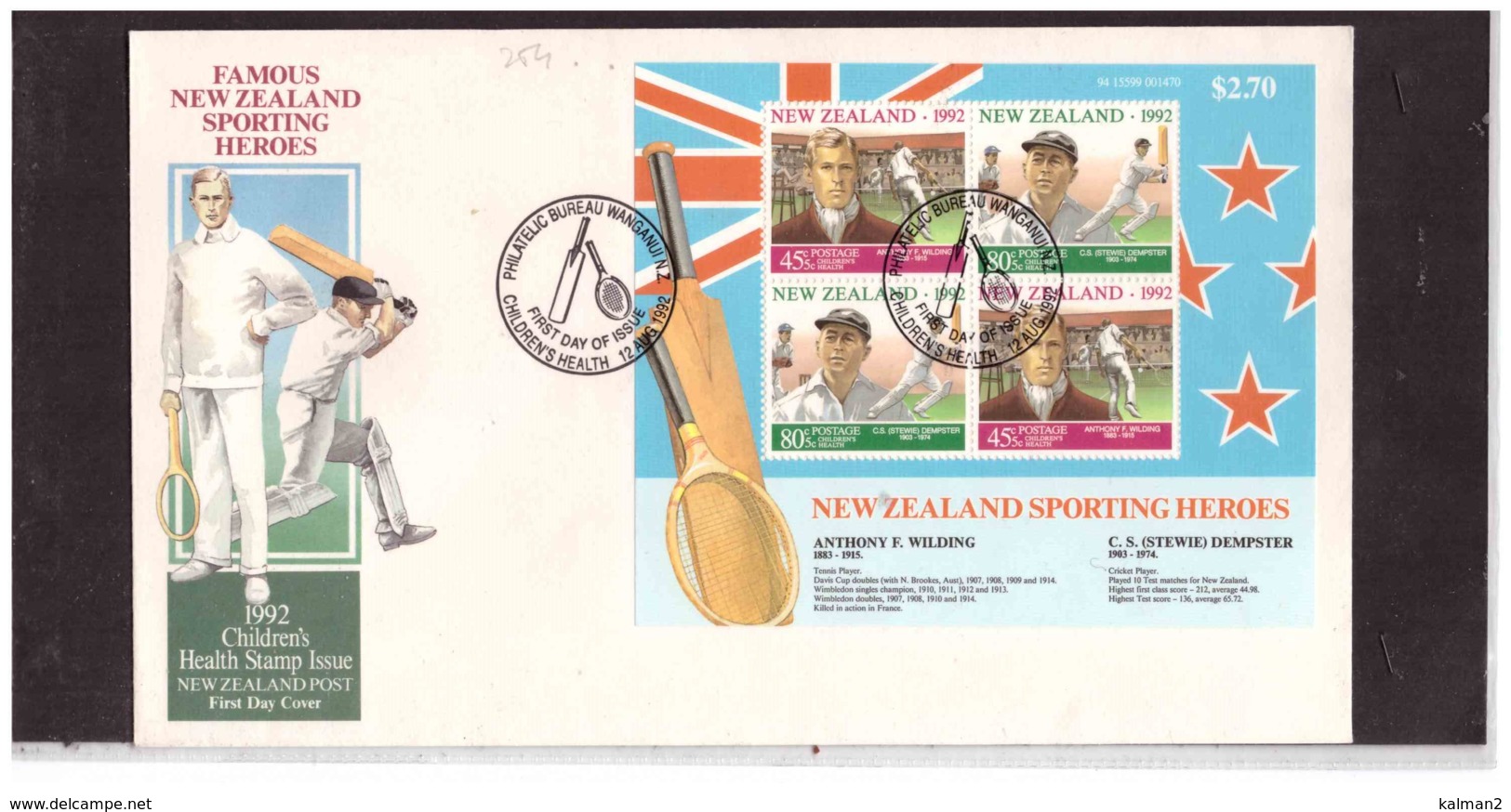 NZFDC255 - WANGANUI   12.8.1992   /  FDC Y.T. Nr.   BF. 85   (  CAT.  A.C.S.  Nr.  HMS 178  ) - Cricket