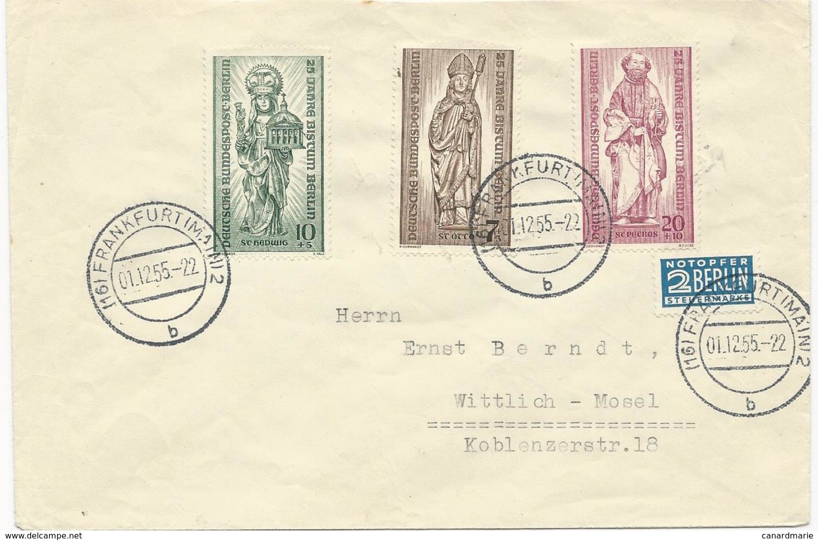 LETTRE 1955 AVEC 3 TIMBRES SERIE 25 JAHRE BISTUM BERLIN - Briefe U. Dokumente