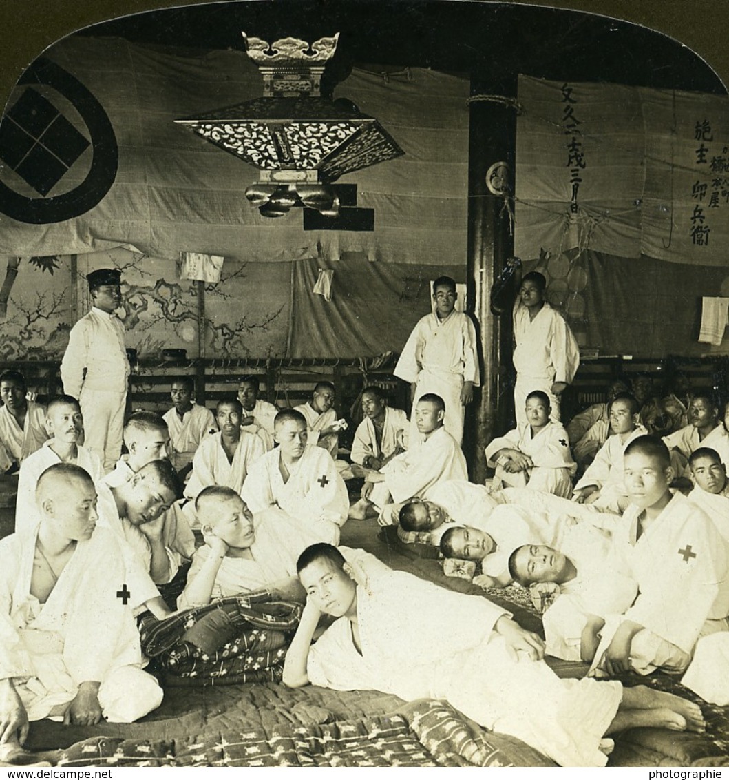 Japon Hiroshima Convalescents De Port Arthur? Ancienne Photo Stereo White 1900 - Photos Stéréoscopiques